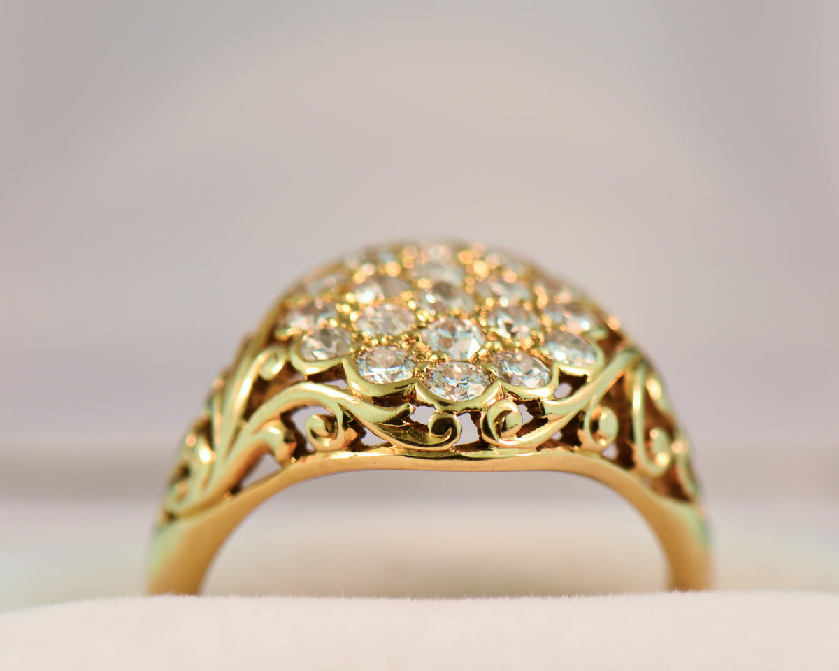 Antique Unisex 18k Gold & Old Euro Cut Diamond Cluster Ring