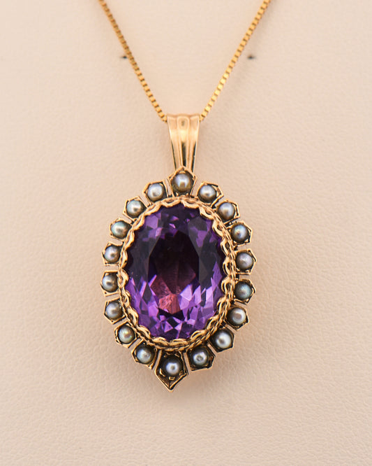 Antique Amethyst and Pearl Watch Slide Pendant in 14k Yellow Gold