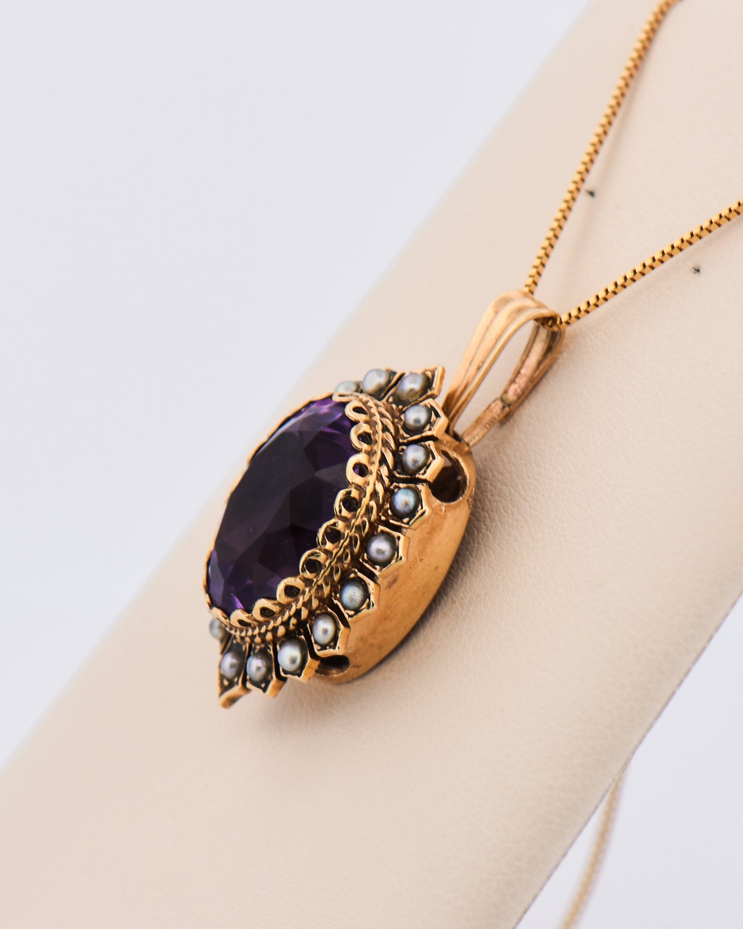 Antique Amethyst and Pearl Watch Slide Pendant in 14k Yellow Gold