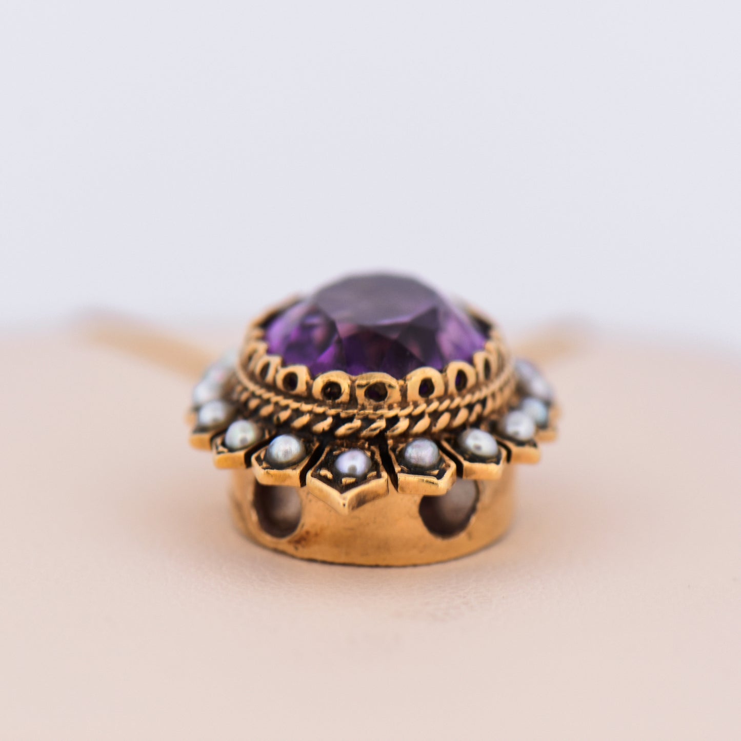 Antique Amethyst and Pearl Watch Slide Pendant in 14k Yellow Gold