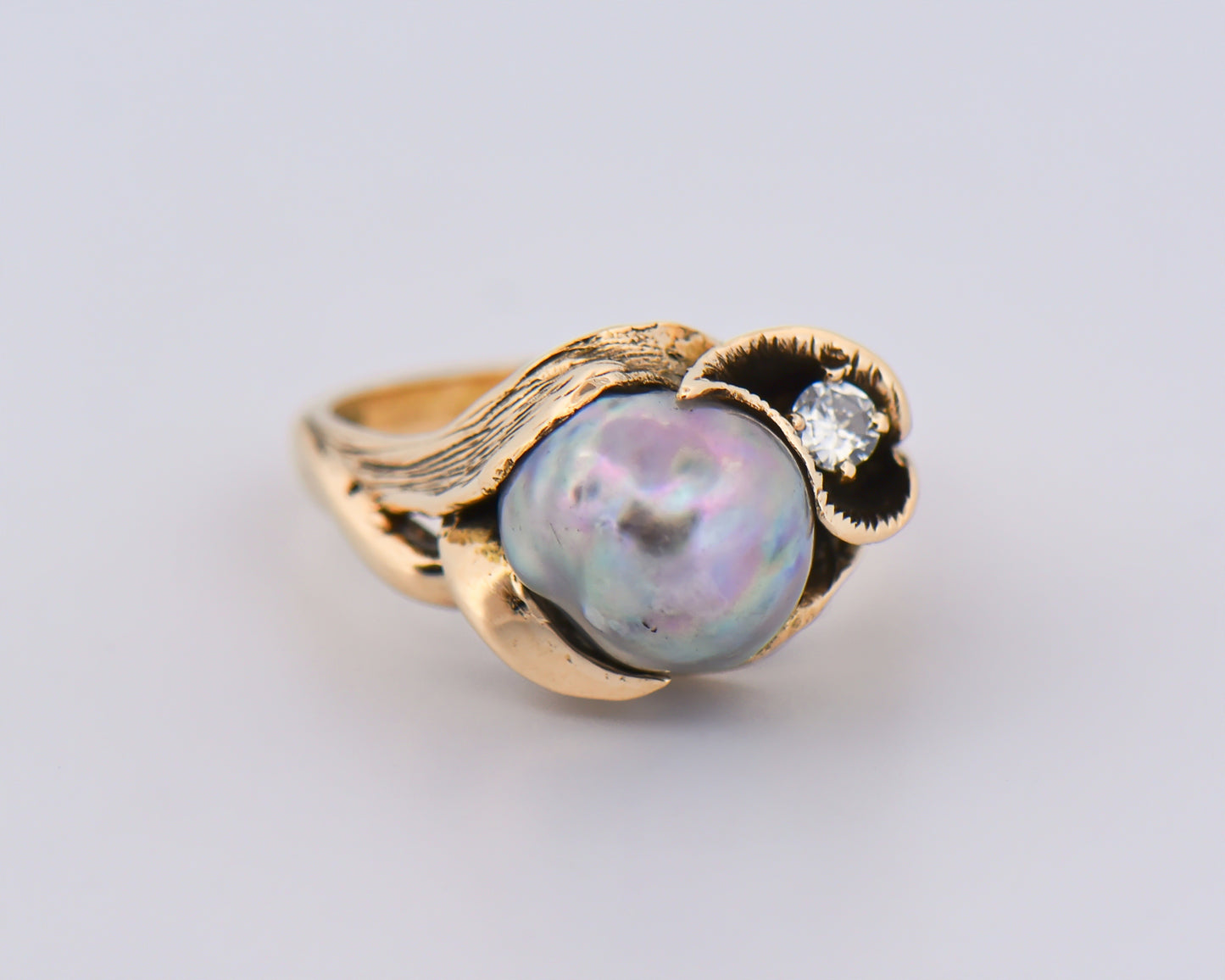 Antiqued Gold Lily Ring with Baroque Pearl & Diamond