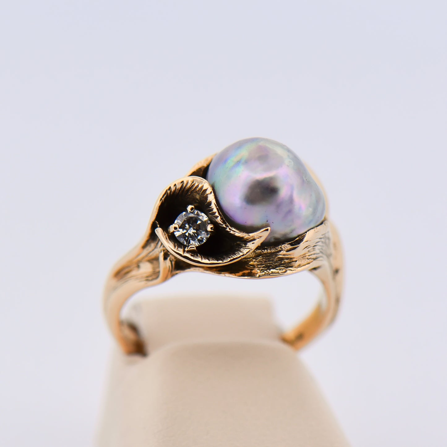 Antiqued Gold Lily Ring with Baroque Pearl & Diamond