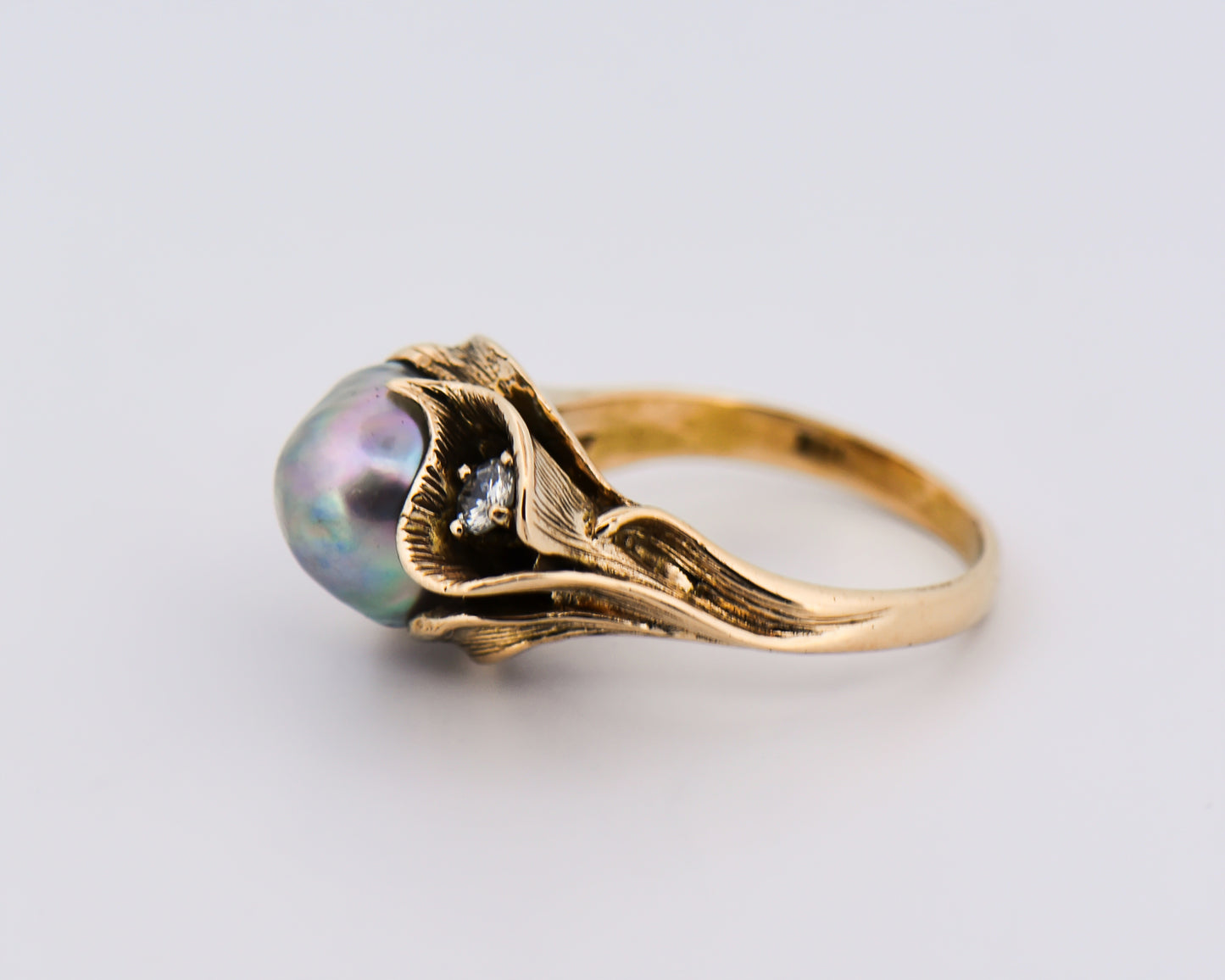 Antiqued Gold Lily Ring with Baroque Pearl & Diamond