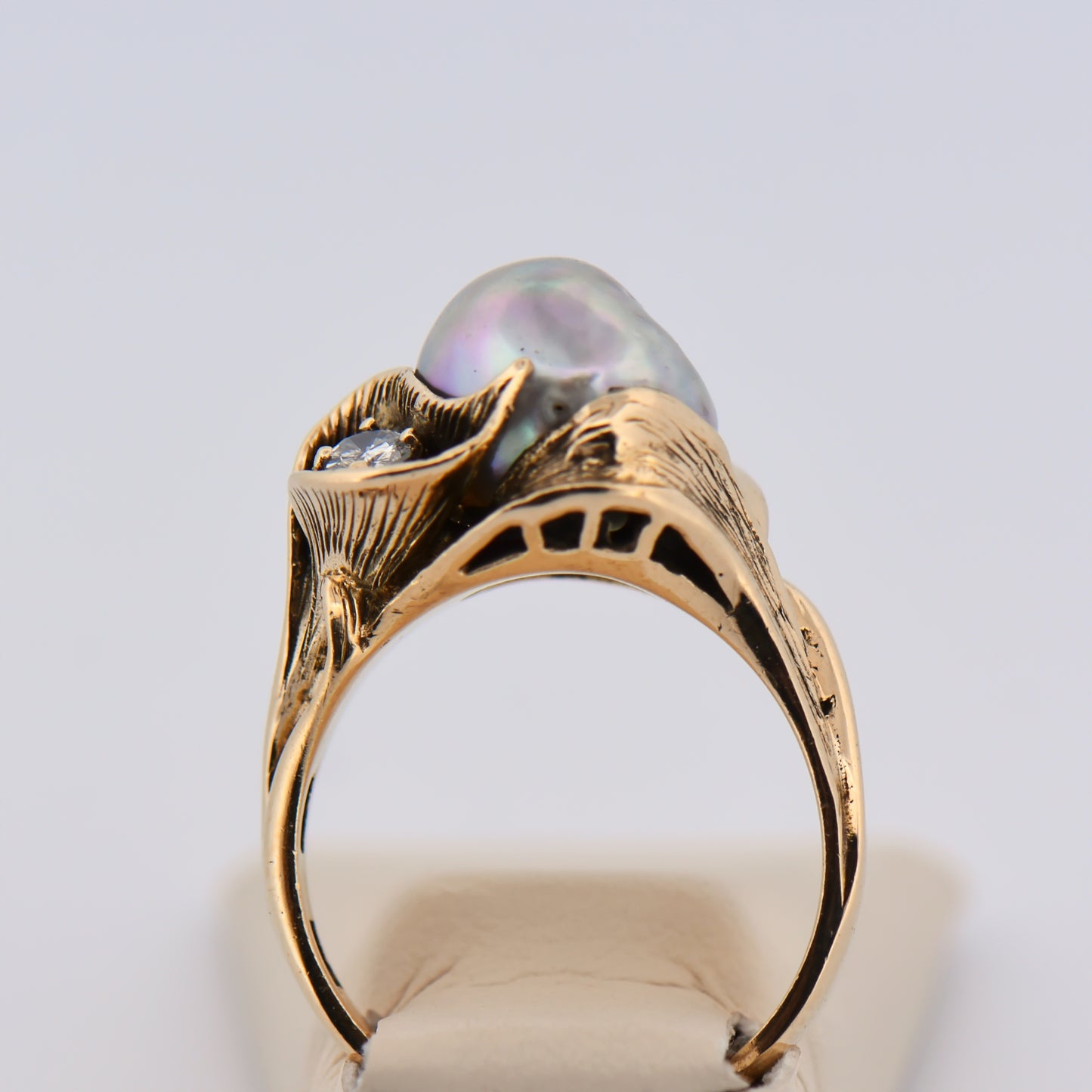 Antiqued Gold Lily Ring with Baroque Pearl & Diamond