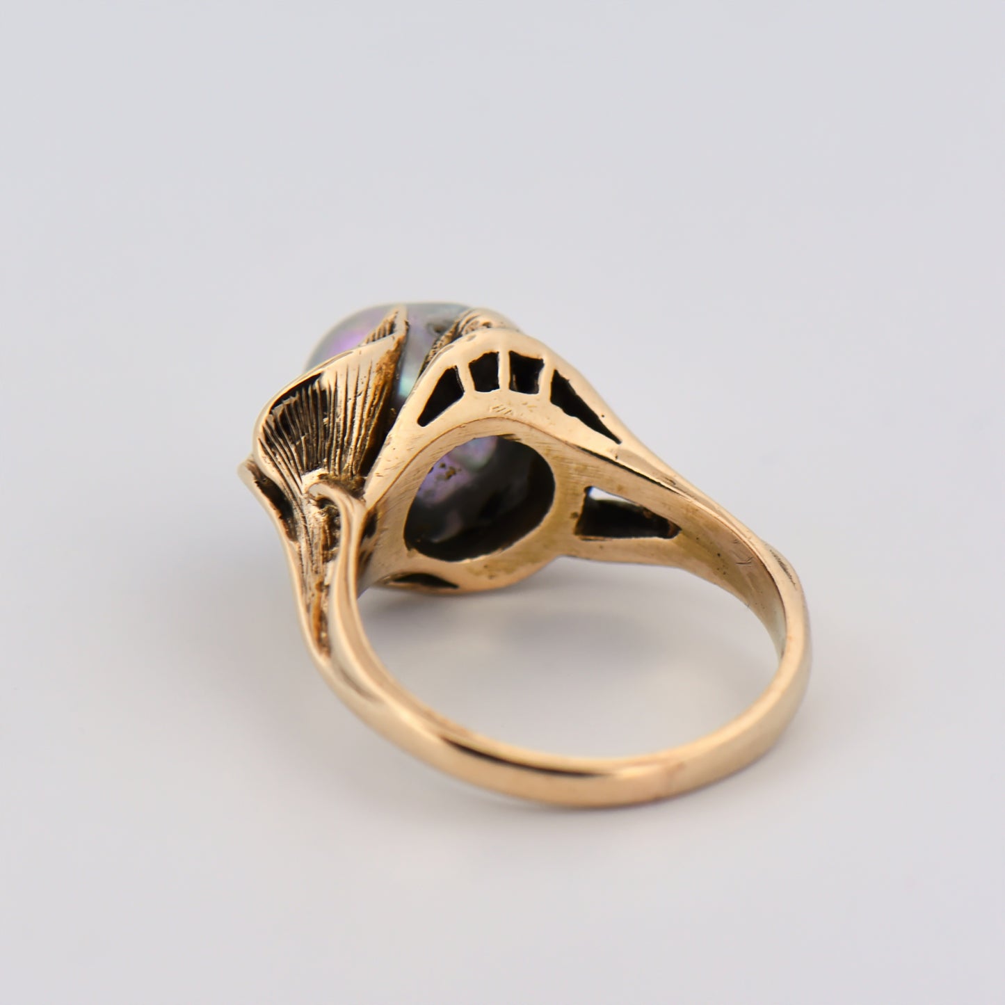 Antiqued Gold Lily Ring with Baroque Pearl & Diamond