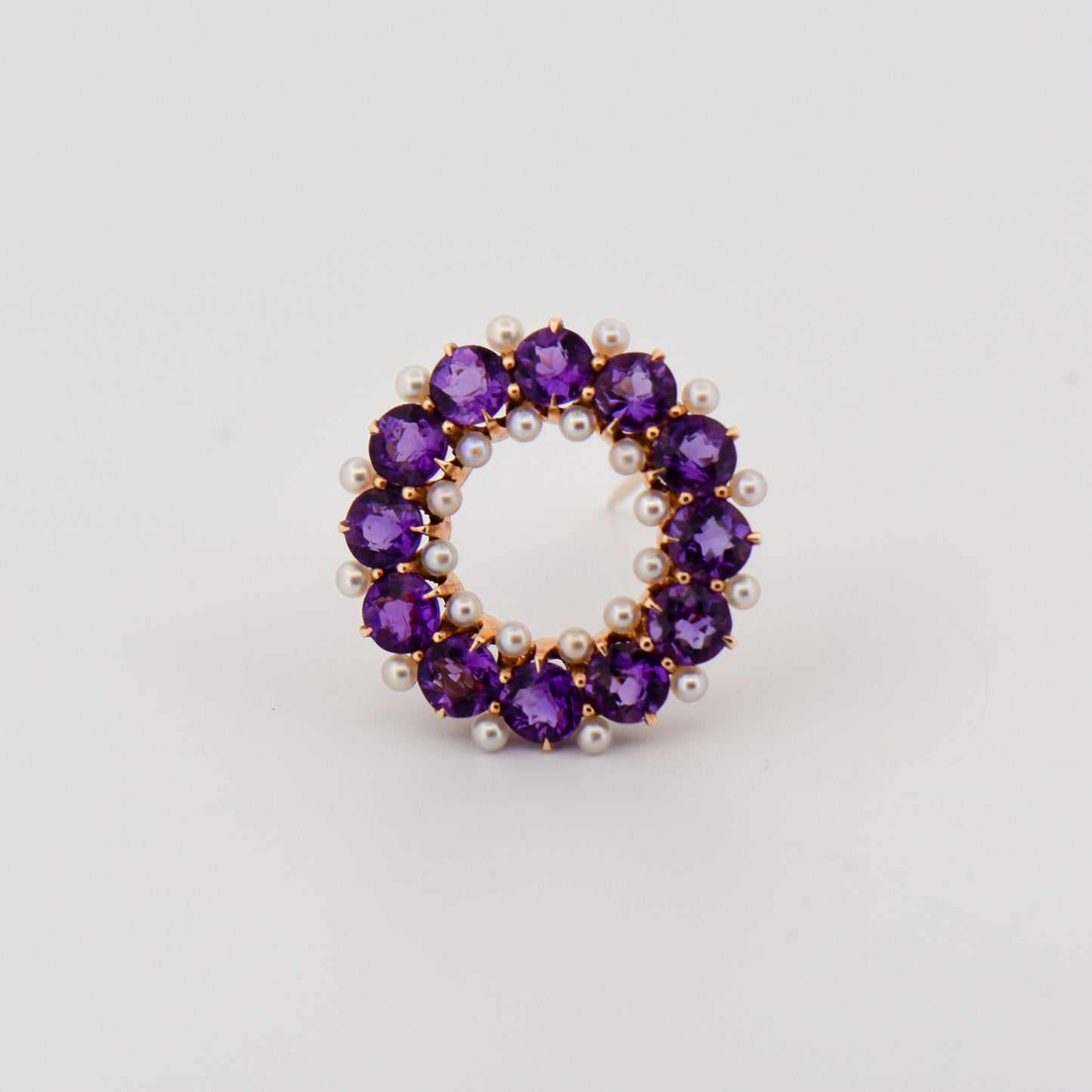 Antique Amethyst and Pearl Wreath Brooch in 14k Yellow Gold