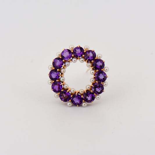 Antique Amethyst and Pearl Wreath Brooch in 14k Yellow Gold