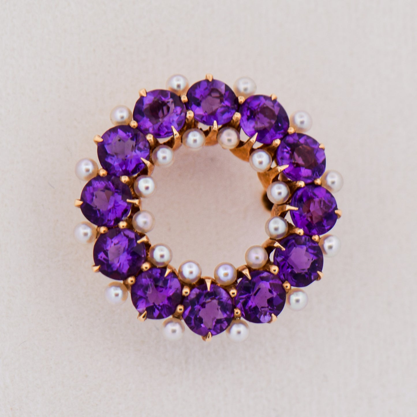 Antique Amethyst and Pearl Wreath Brooch in 14k Yellow Gold