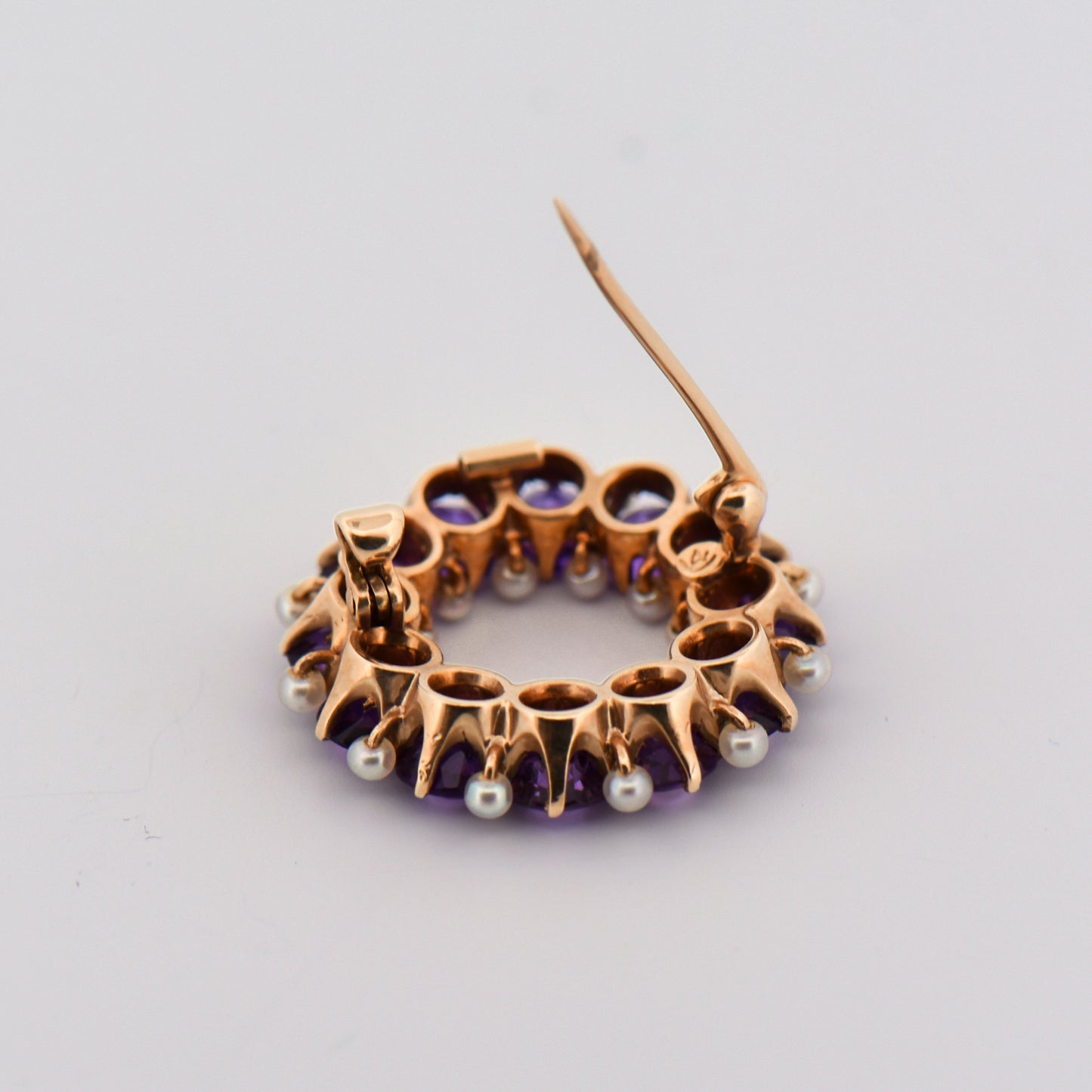 Antique Amethyst and Pearl Wreath Brooch in 14k Yellow Gold