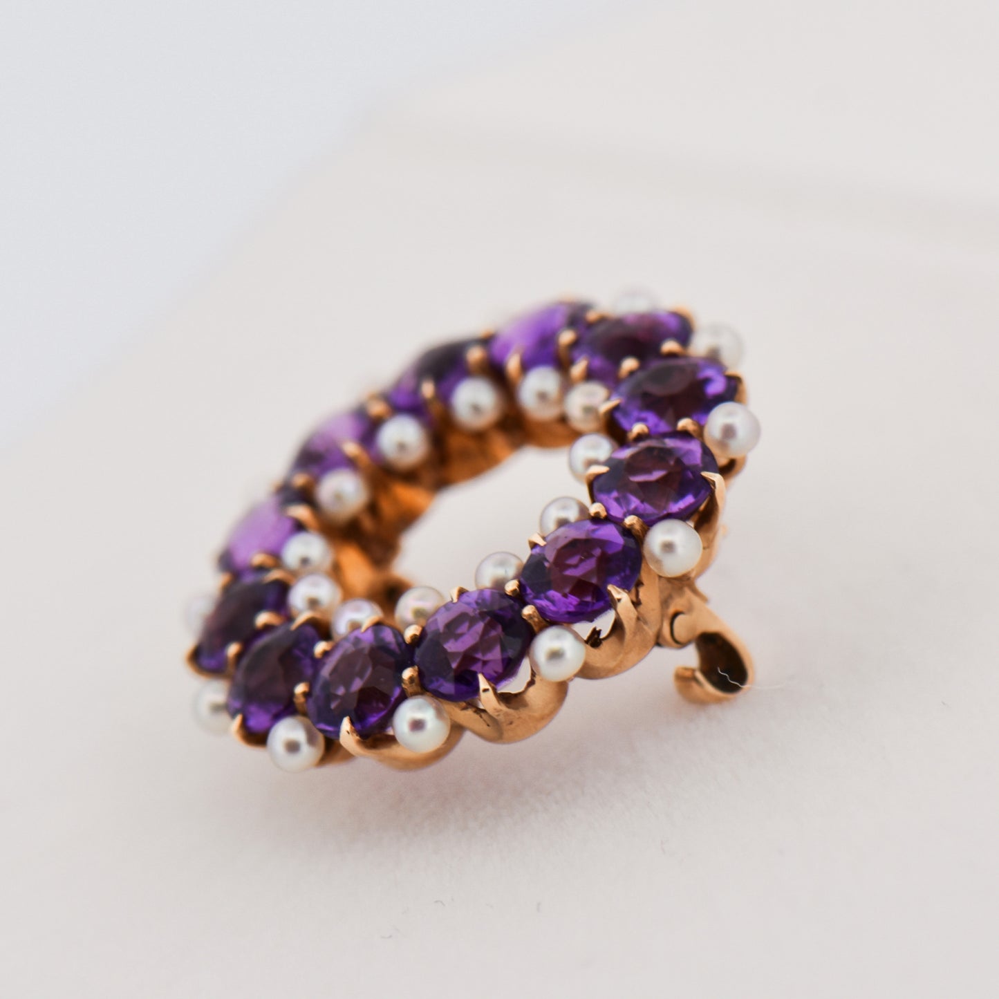 Antique Amethyst and Pearl Wreath Brooch in 14k Yellow Gold