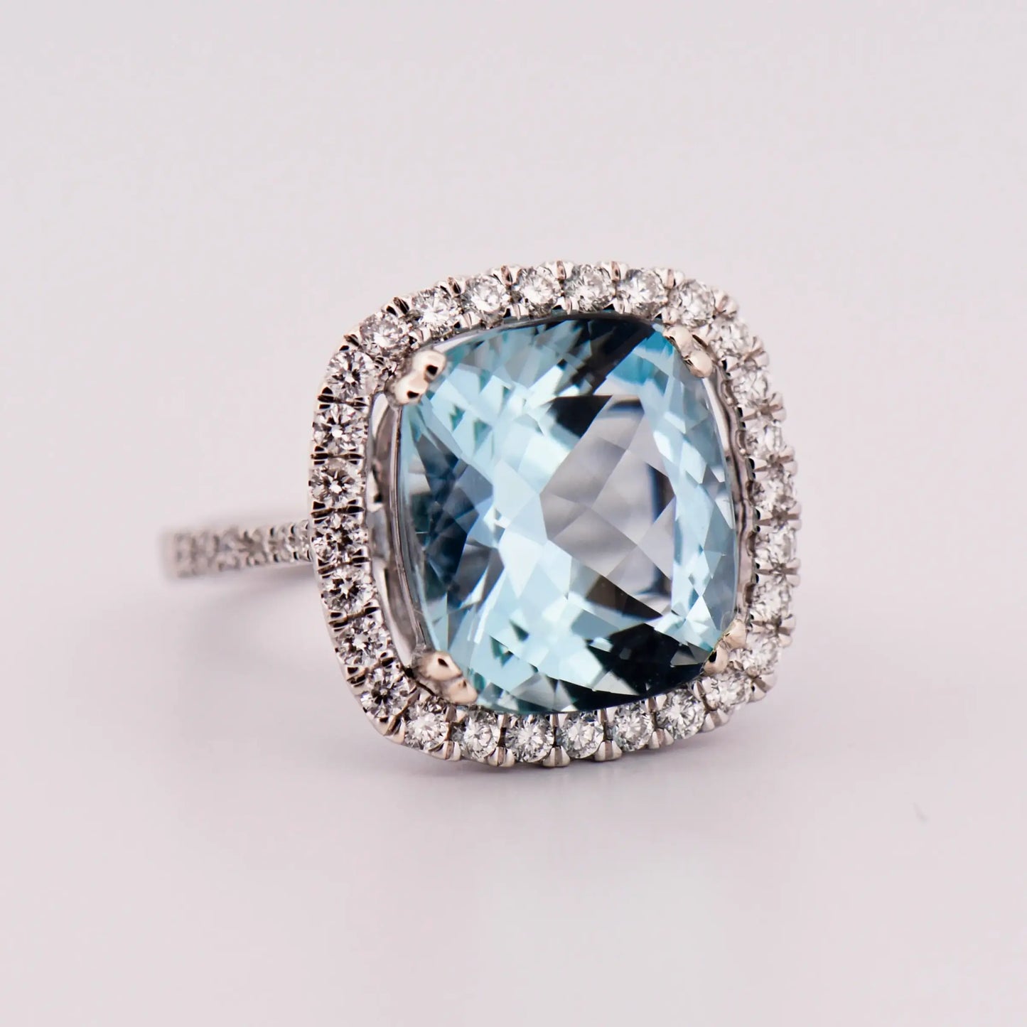 Cushion Cut Aquamarine & Diamond Halo Ring