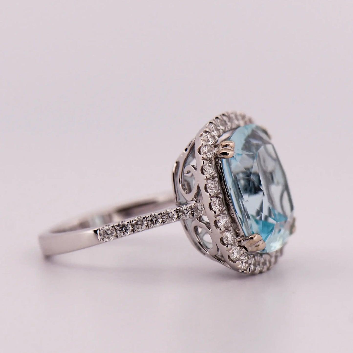 Cushion Cut Aquamarine & Diamond Halo Ring