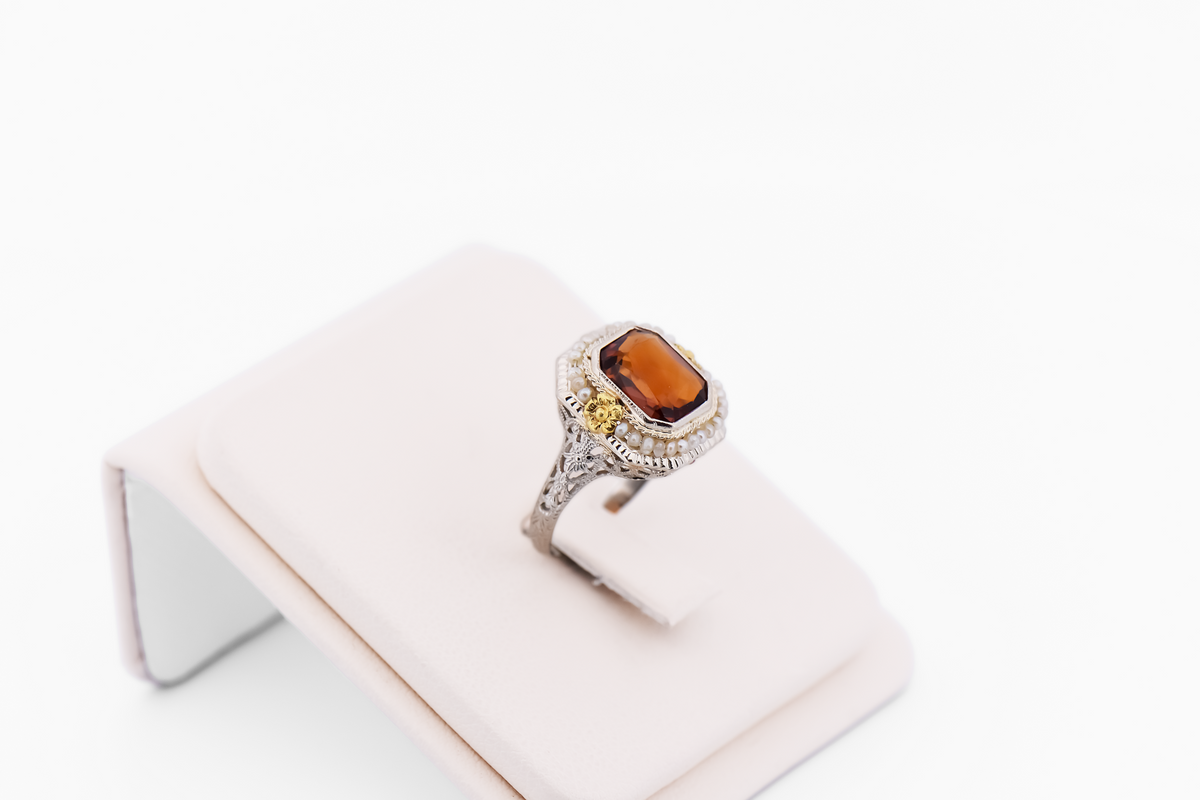 Art Deco Die-Struck Filigree Ring with Octagonal Citrine & Pearls