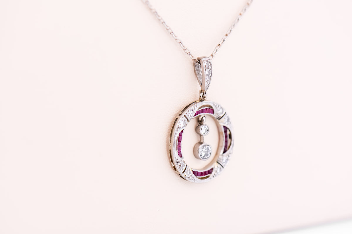 Art Deco Platinum Necklace with Old European Cut Diamonds and Calibre Cut Rubies