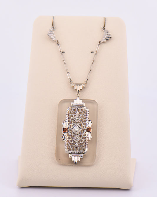 Art Deco Rock Crystal & Diamond Necklace with White Gold Filigree
