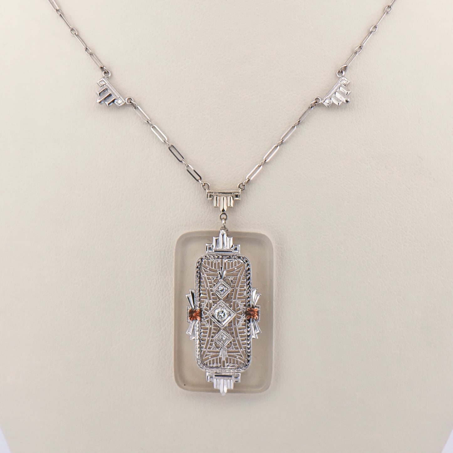 Art Deco Rock Crystal & Diamond Necklace with White Gold Filigree