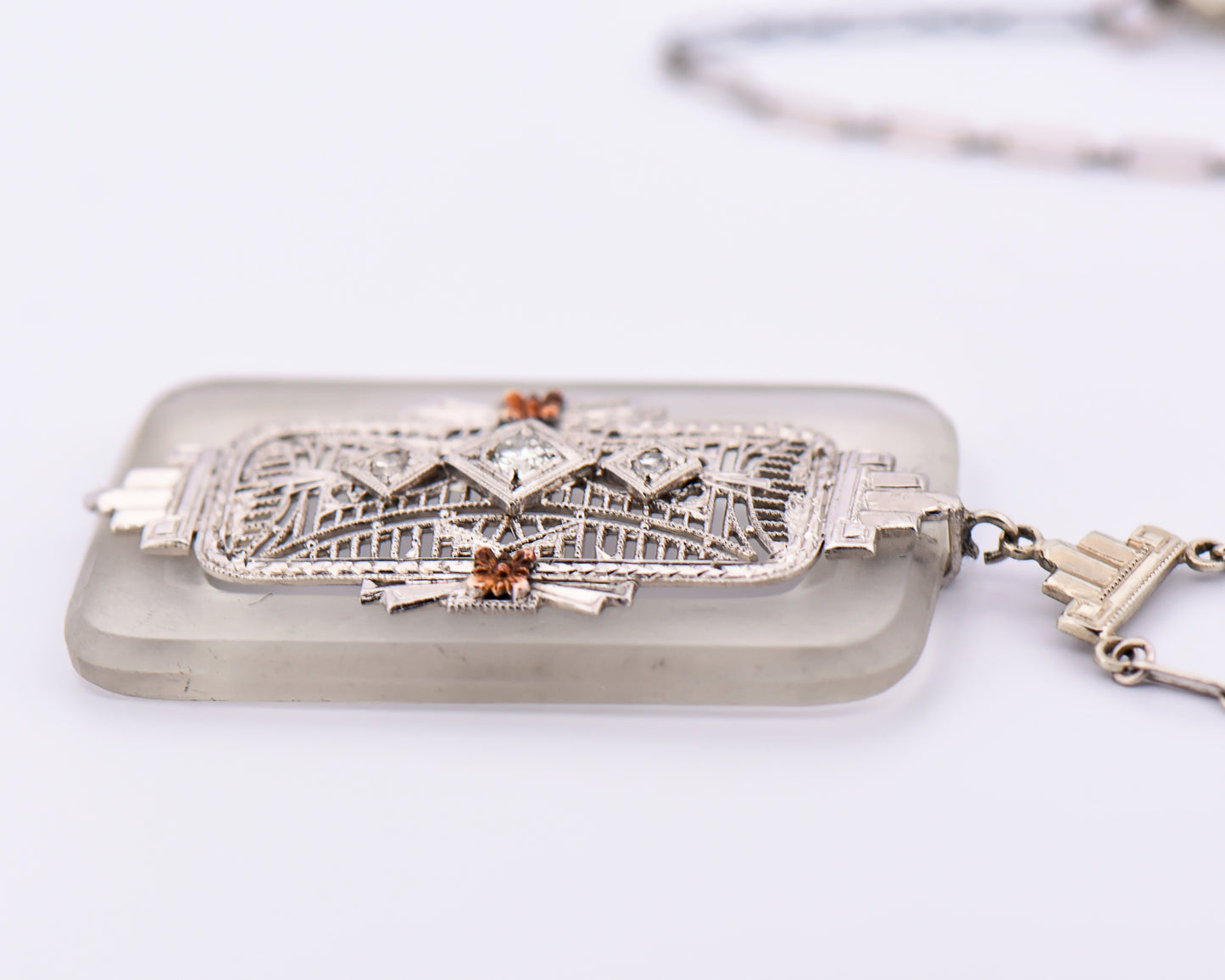 Art Deco Rock Crystal & Diamond Necklace with White Gold Filigree