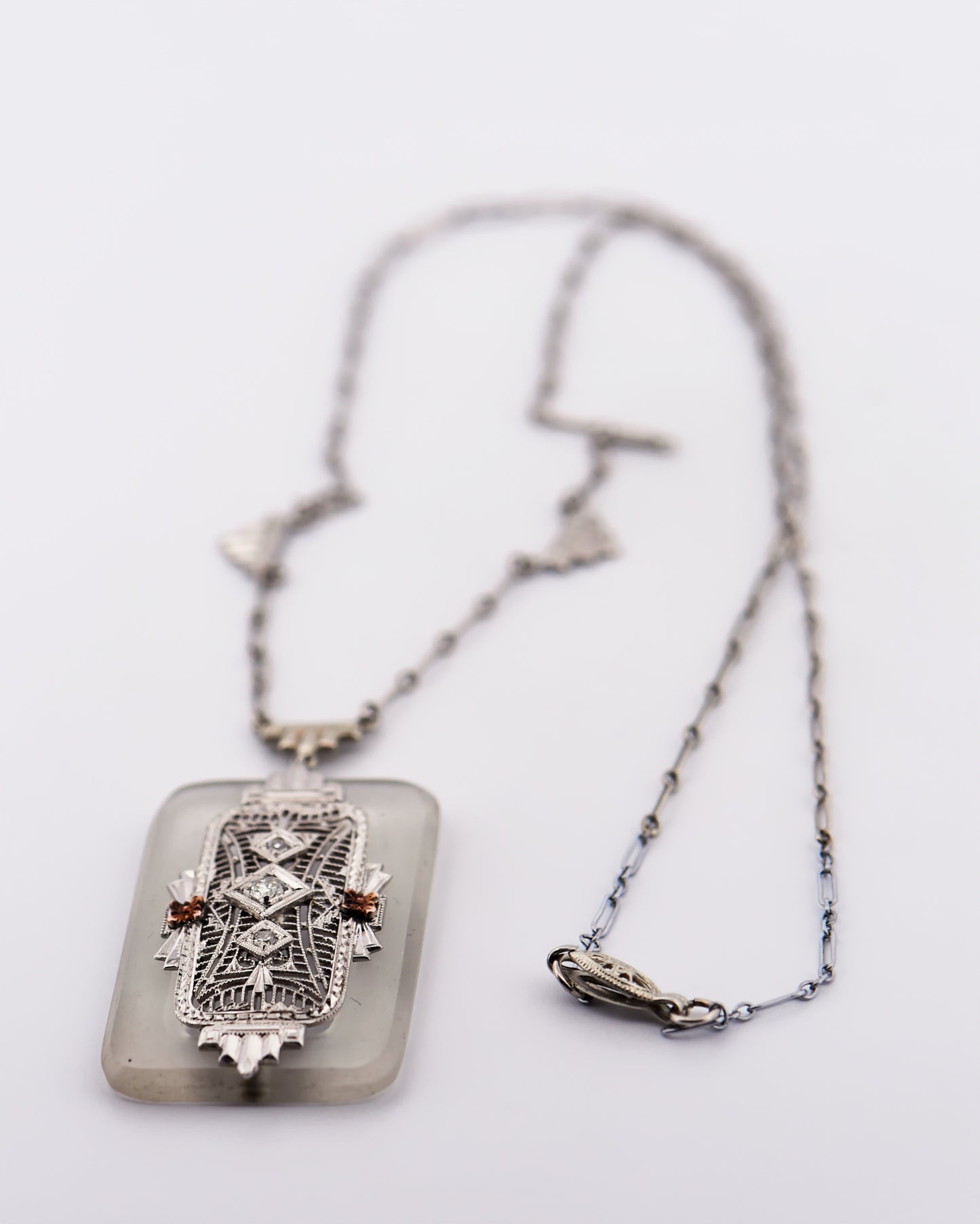 Art Deco Rock Crystal & Diamond Necklace with White Gold Filigree