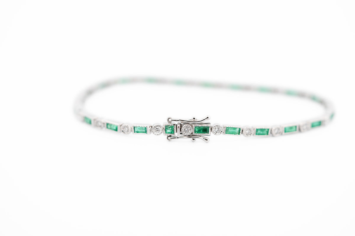 Art Deco Style Bezel-Set Tennis Bracelet with Baguette Emeralds & Diamonds in White Gold