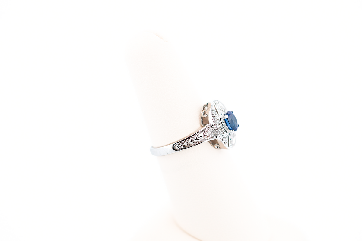 Art Deco Style Filigree Engagement Ring with Oval Blue Sapphire & Diamonds