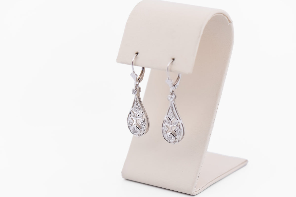 Art Deco Style White Gold & Diamond Filigree Dangle Earrings on Leverbacks