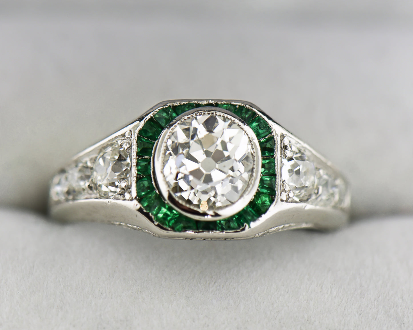 Art Deco Target Ring with Emeralds & Mine Cut Diamonds