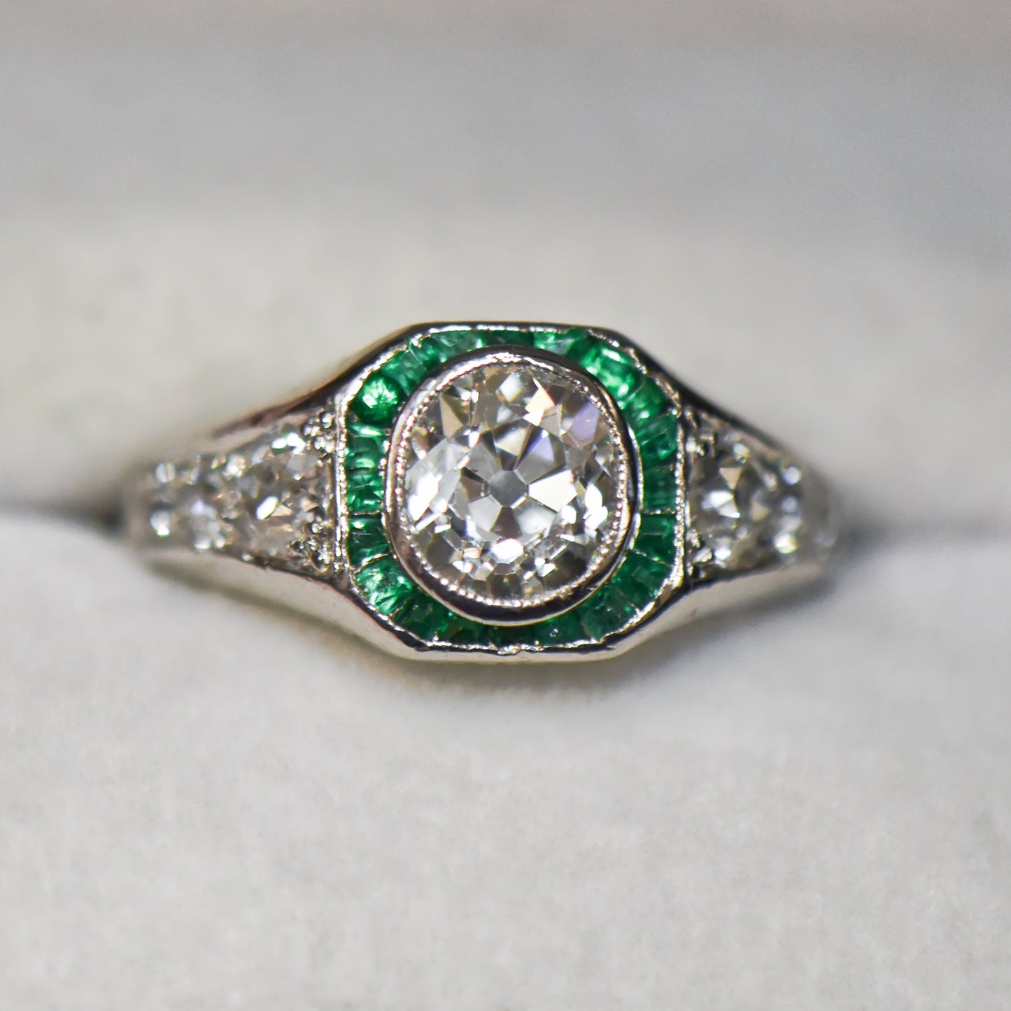 Art Deco Target Ring with Emeralds & Mine Cut Diamonds
