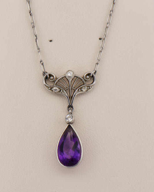 Art Nouveau Amethyst and Diamond Pendant in Platinum