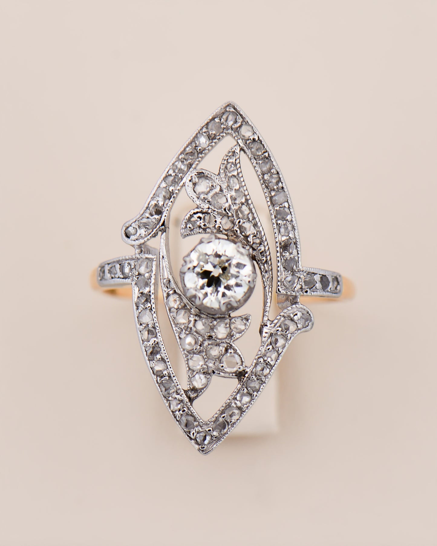 Art Nouveau Diamond Navette Ring in Platinum & Yellow Gold