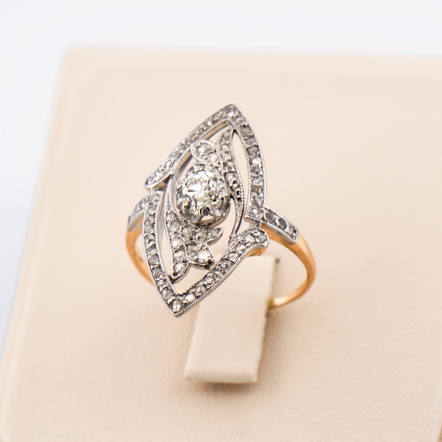 Art Nouveau Diamond Navette Ring in Platinum & Yellow Gold