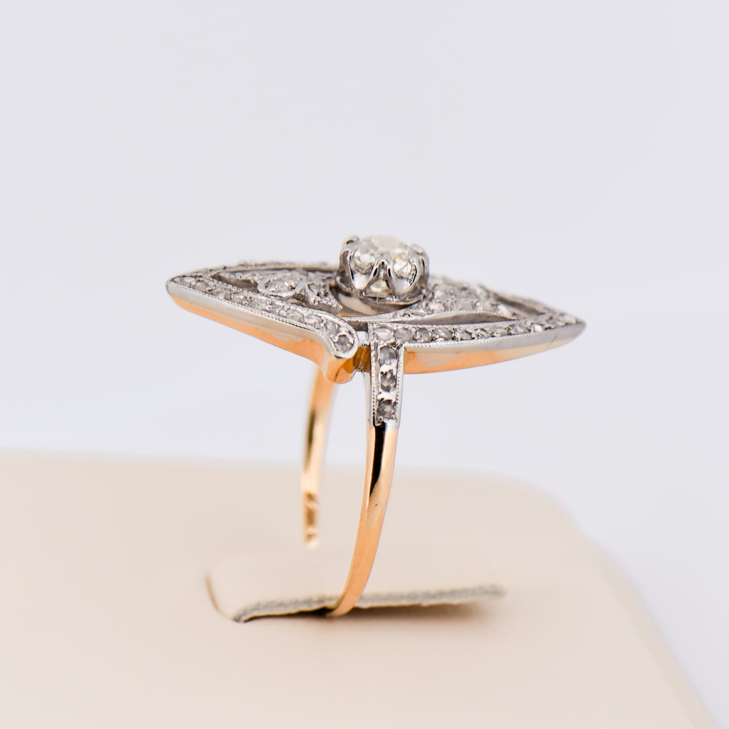 Art Nouveau Diamond Navette Ring in Platinum & Yellow Gold