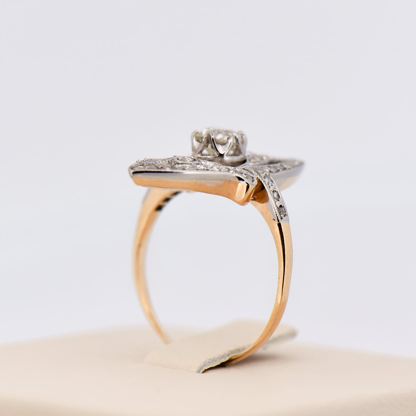 Art Nouveau Diamond Navette Ring in Platinum & Yellow Gold