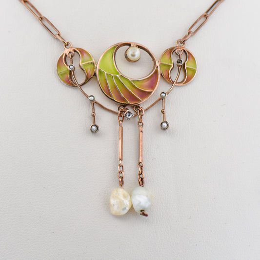 Art Nouveau French Enamel Pearl & Diamond Necklace