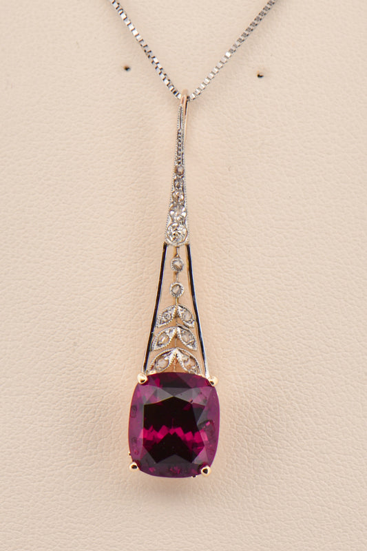Art Nouveau Pendant with Rhodolite Garnet & Diamonds in Platinum Topped Gold