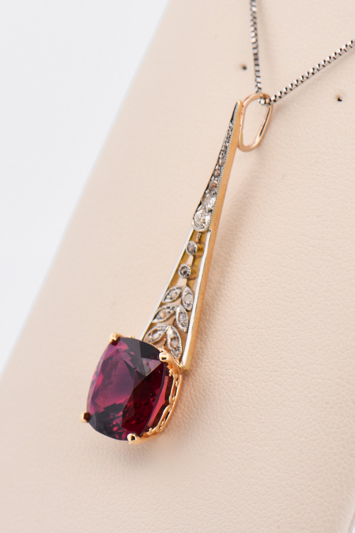 Art Nouveau Pendant with Rhodolite Garnet & Diamonds in Platinum Topped Gold