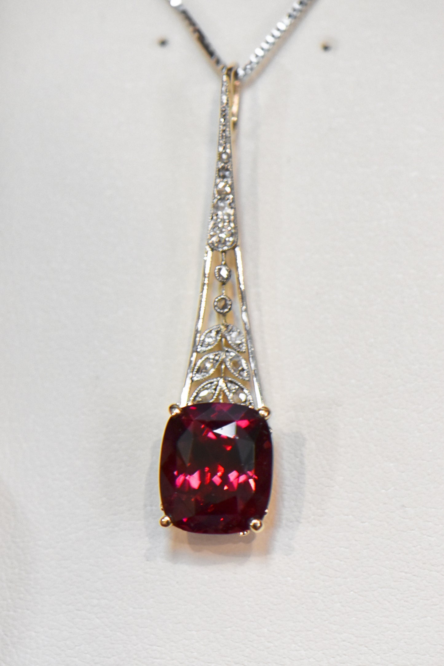 Art Nouveau Pendant with Rhodolite Garnet & Diamonds in Platinum Topped Gold
