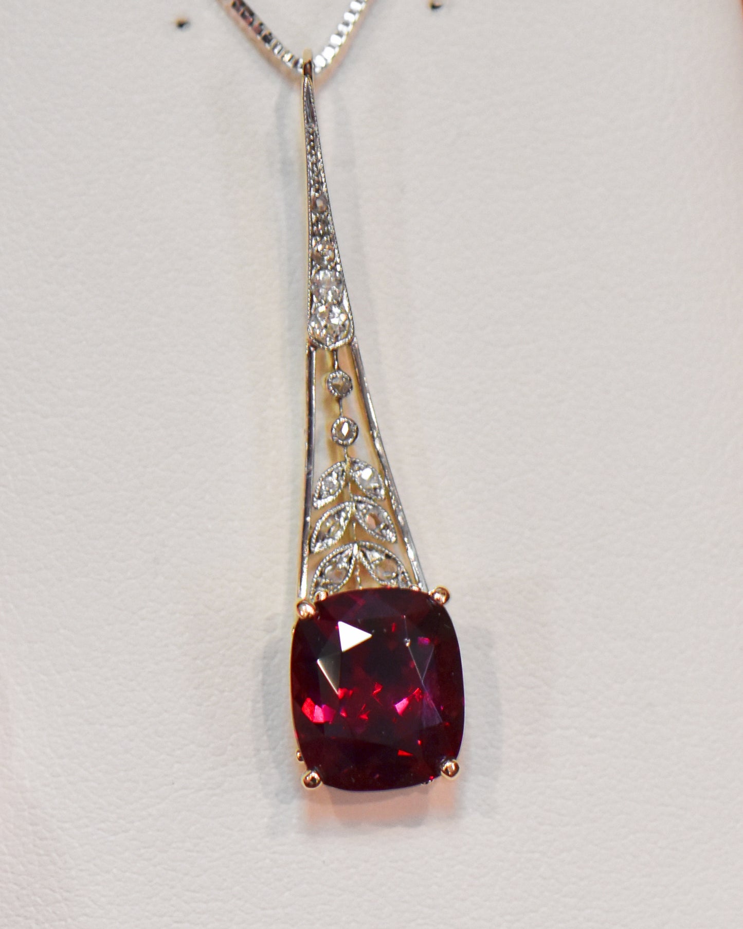 Art Nouveau Pendant with Rhodolite Garnet & Diamonds in Platinum Topped Gold