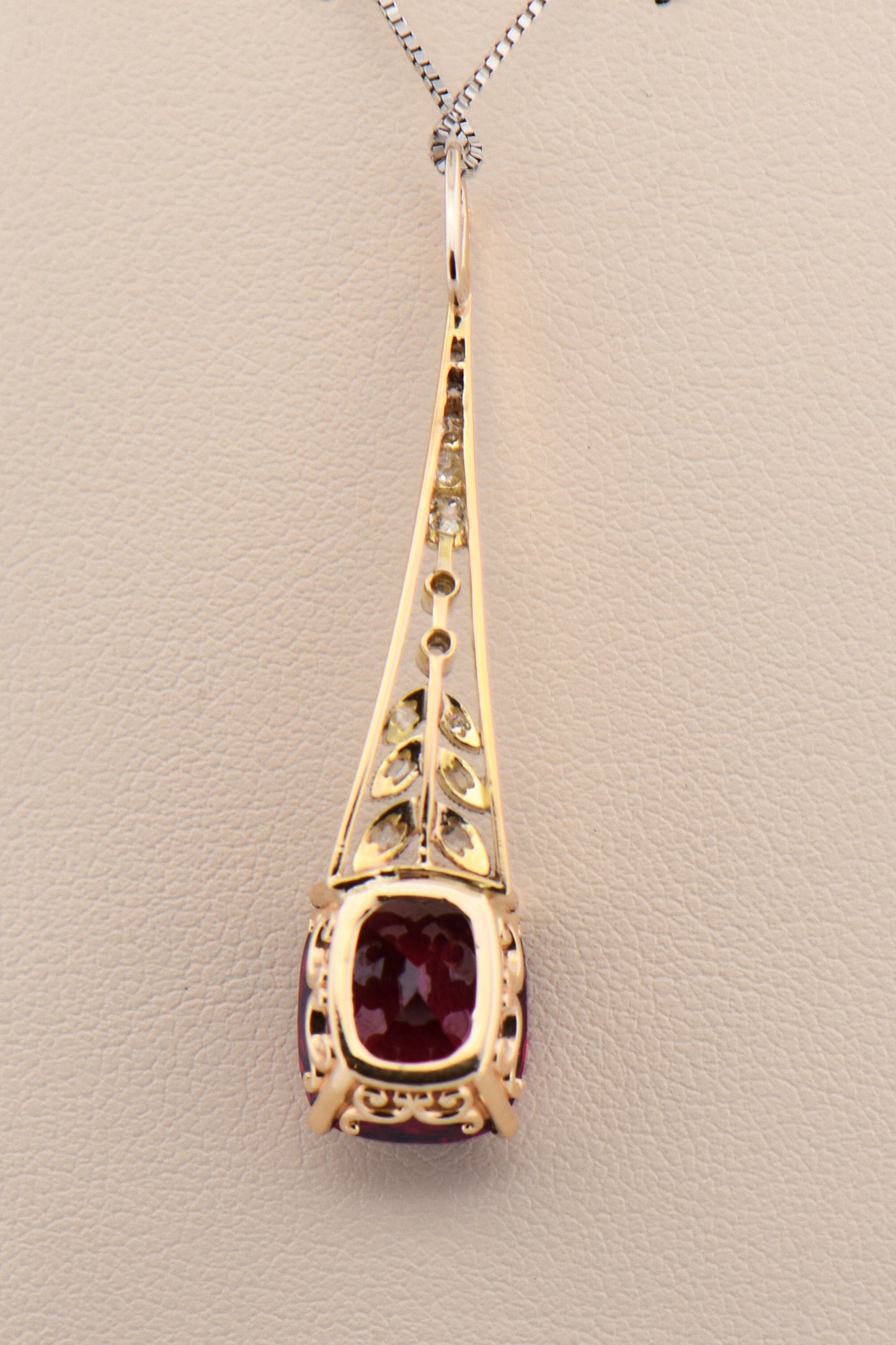 Art Nouveau Pendant with Rhodolite Garnet & Diamonds in Platinum Topped Gold