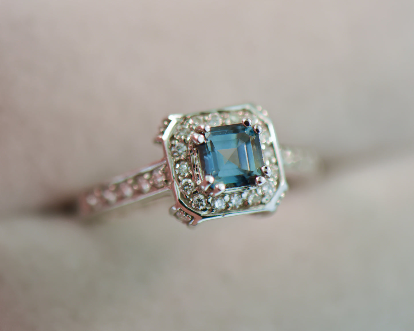 Asscher Cut Teal Sapphire Halo Engagement Ring
