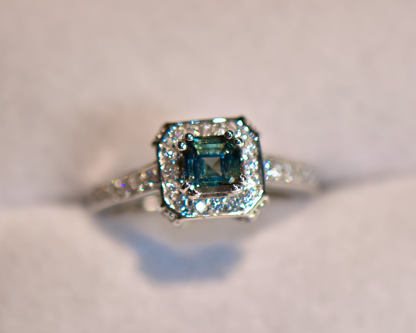 Asscher Cut Teal Sapphire Halo Engagement Ring