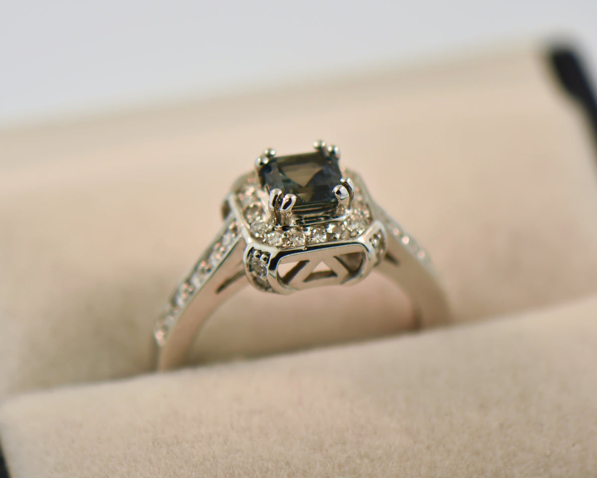 Asscher Cut Teal Sapphire Halo Engagement Ring