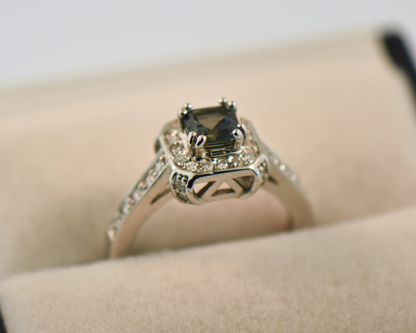Asscher Cut Teal Sapphire Halo Engagement Ring