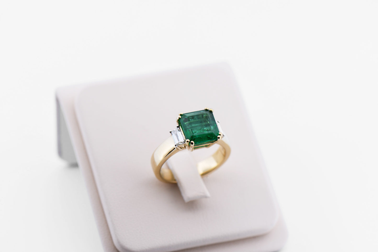 Asscher Cut Zambian Emerald & Trapezoid Diamond 3-Stone Ring - Amazing!