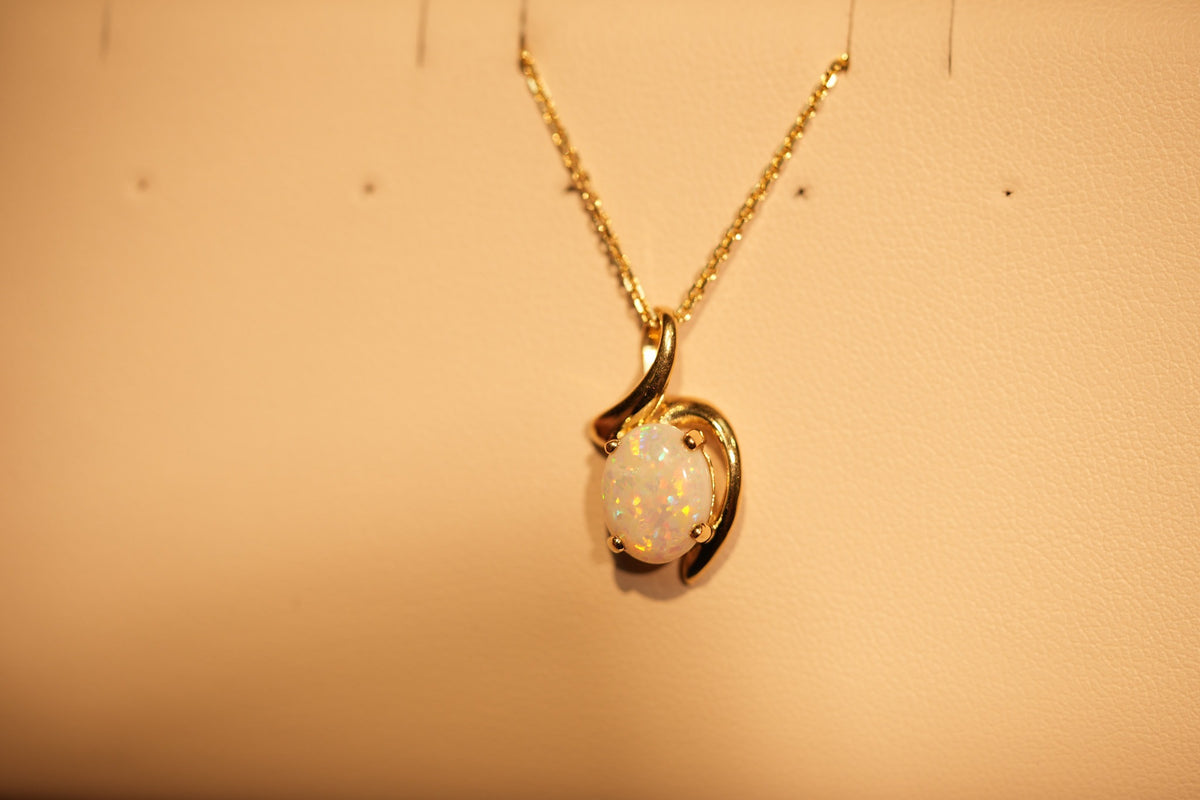 Australian White Opal Solitaire Pendant in Swirly Yellow Gold