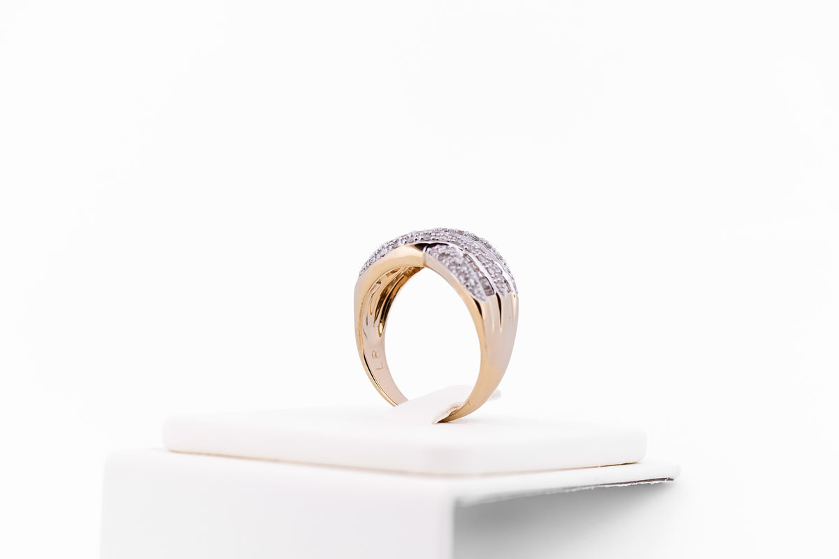 Baguette & Round Diamond Crossover Ring in 14k Two Tone Gold