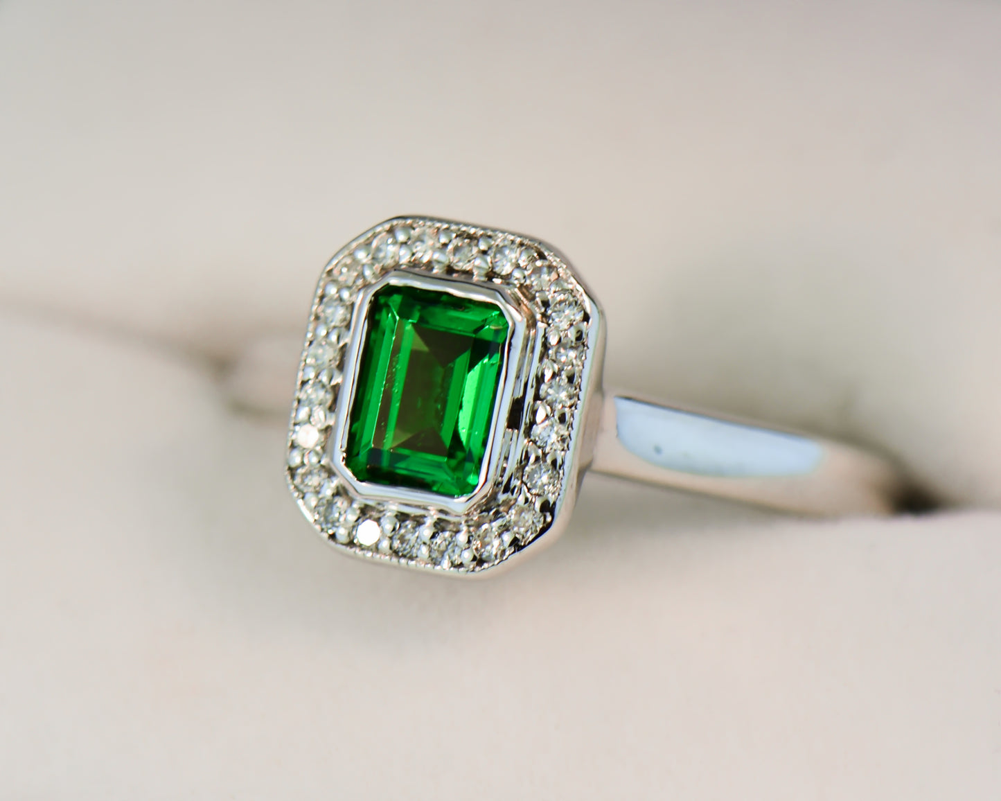 Bezel Set Emerald Cut Tsavorite Garnet & Diamond Ring
