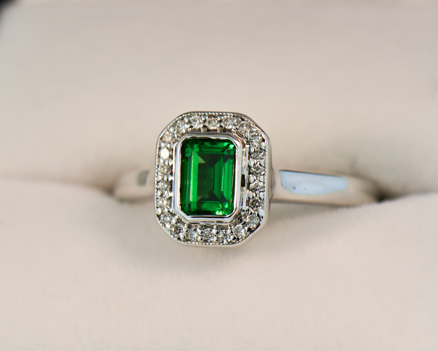 Bezel Set Emerald Cut Tsavorite Garnet & Diamond Ring