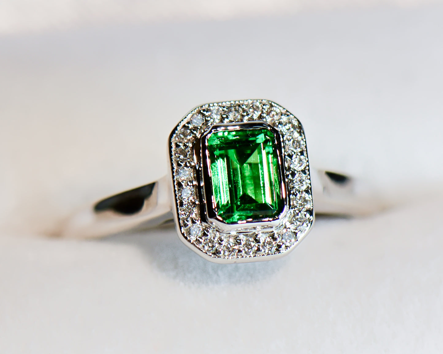 Bezel Set Emerald Cut Tsavorite Garnet & Diamond Ring