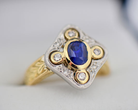Custom Carved Gold Ring with Royal Blue Sapphire
