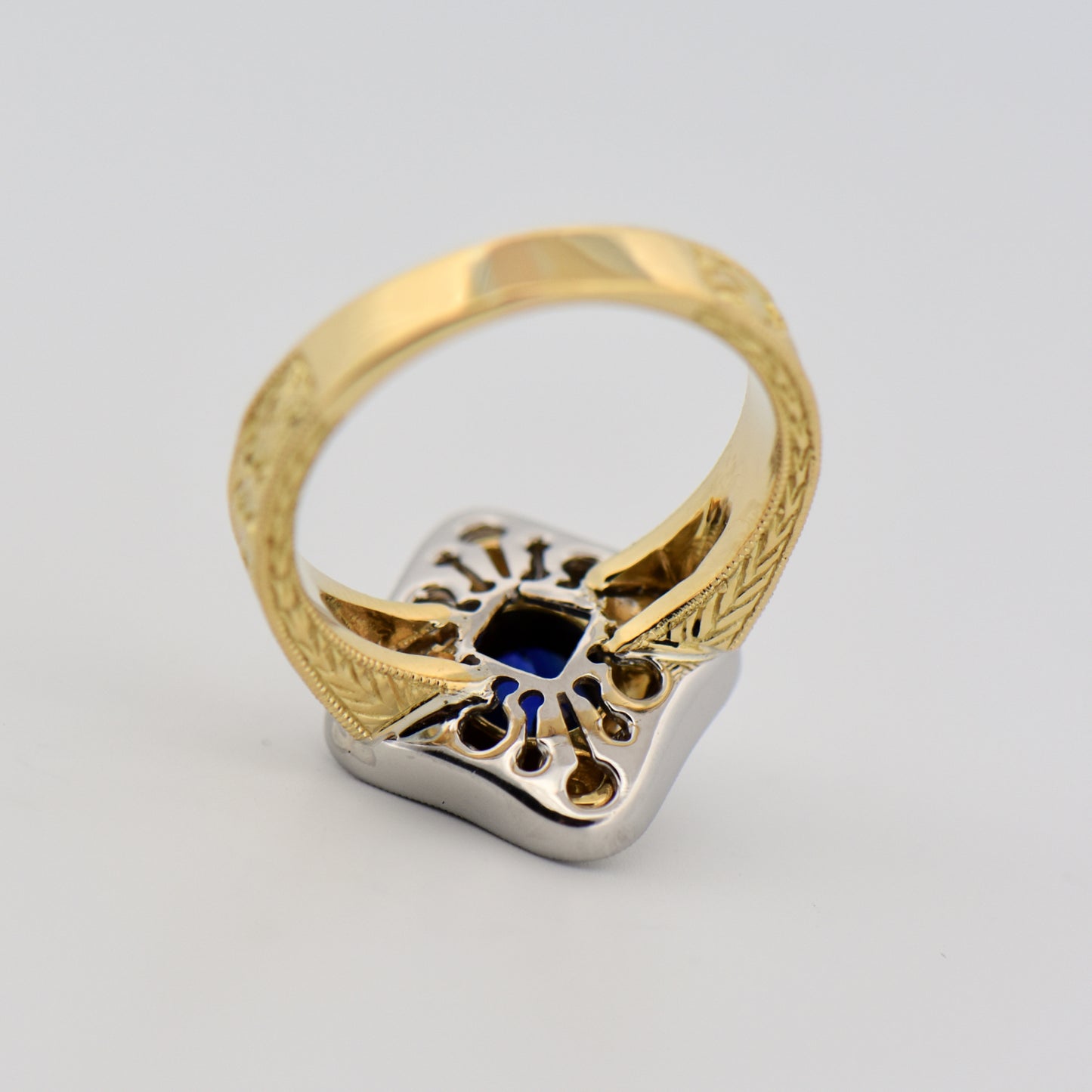 Custom Carved Gold Ring with Royal Blue Sapphire